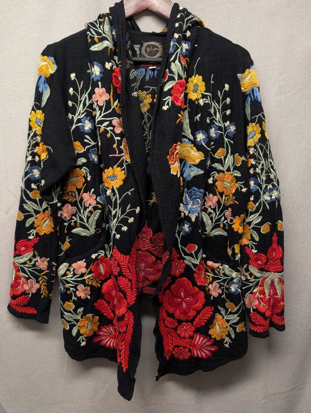 Johnny Was Biya Midi Black Hooded Cardigan with Vibrant Floral Embroidery Size S